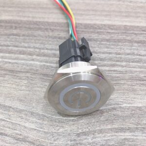 Công tắc kim loại LED 30mm hình nguồn nhấn khóa 12V 24V có giắc cắm- Xanh dương