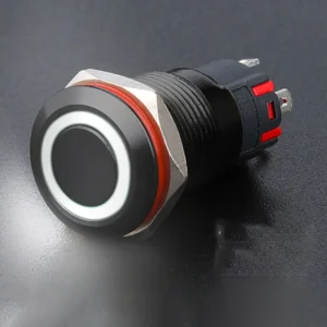 Công tắc 12mm vỏ đen LED tròn chân hàn dây nhấn nhả
