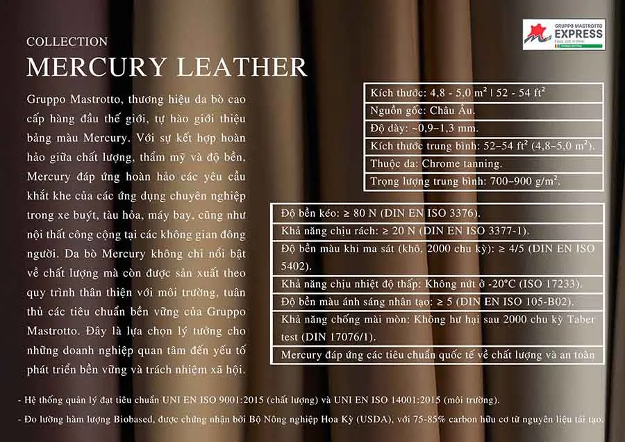 BỘ SƯU TẬP DA MERCURY TỪ GRUPPO MASTROTTO - DA BÒ CAO CẤP CHO XE HƠI- MÁY BAY- DU THUYỀN