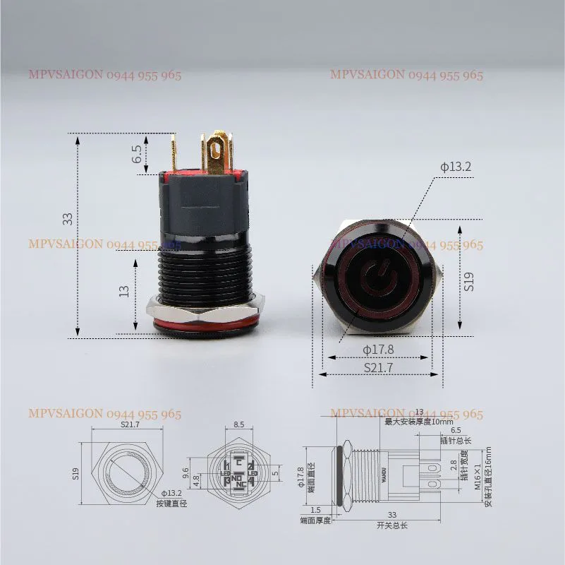 Công tắc 16mm kim loại vỏ đen chân giắc