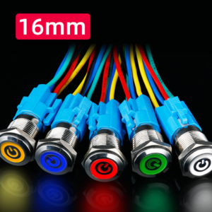 Công tắc kim loại LED 16mm hình nguồn Nhấn nhả