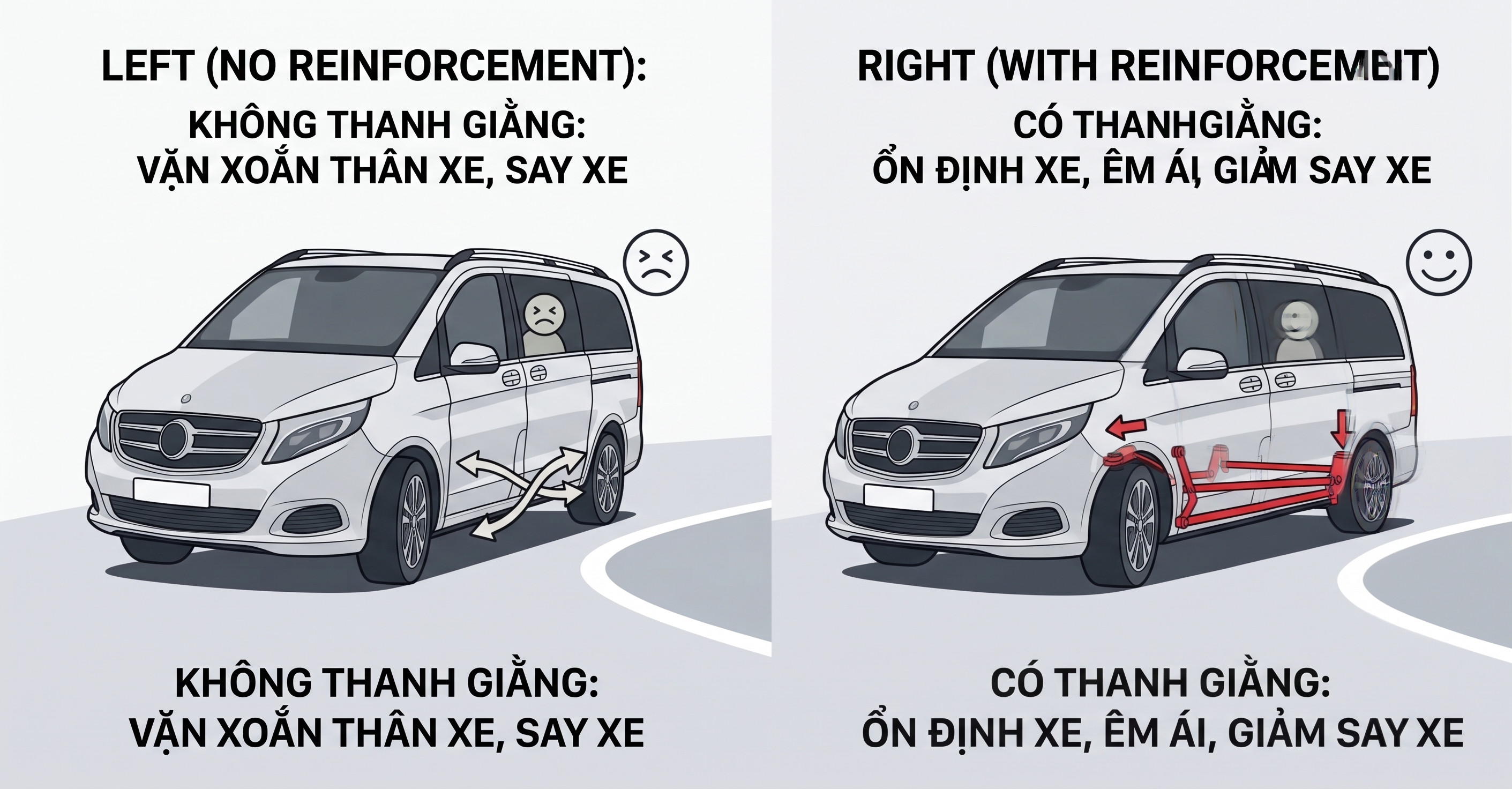 So sánh xe lắp và không lắp thanh giằng