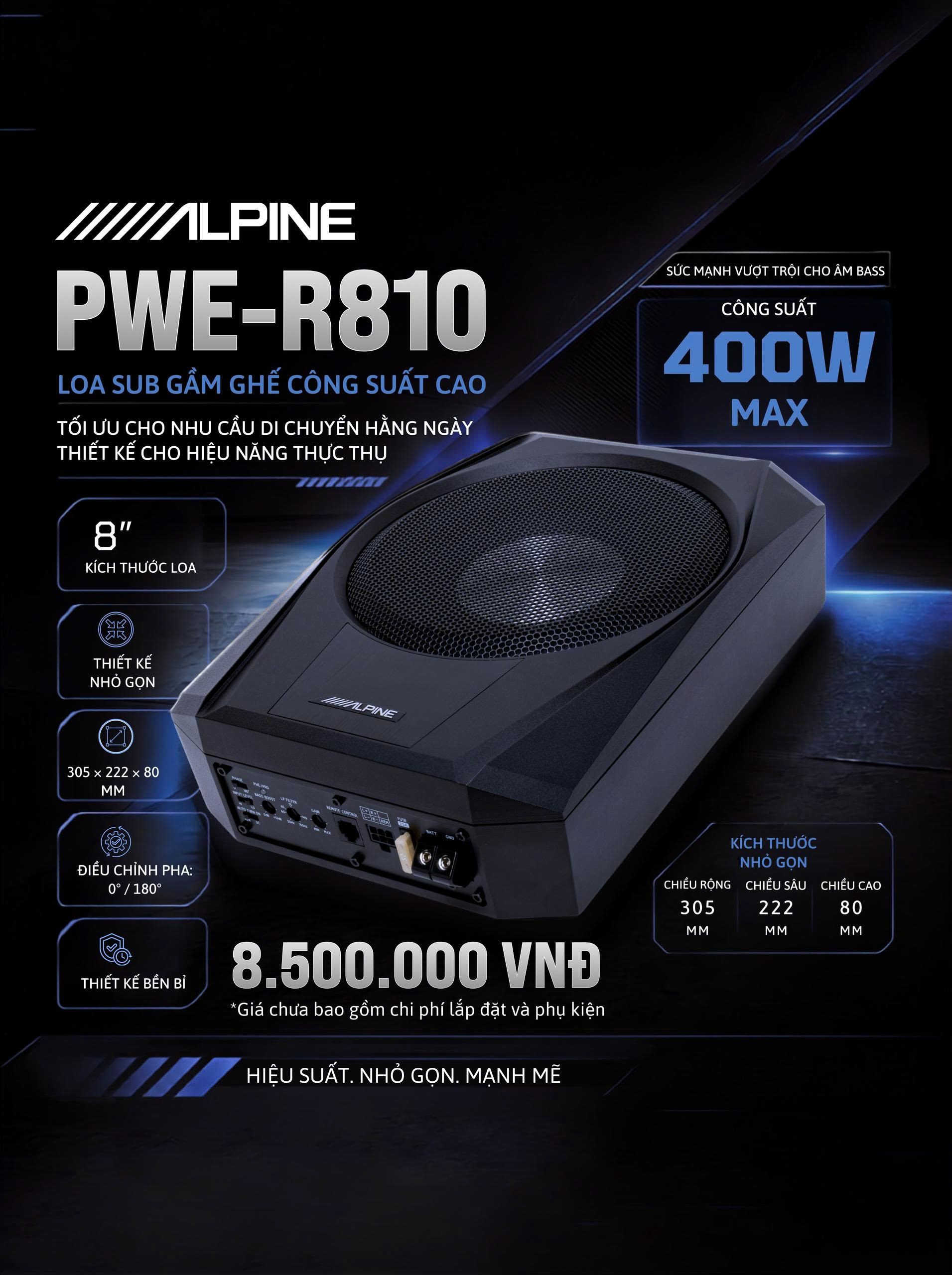 LOA SUB GẦM GHẾ CÔNG SUẤT CAO ALPINE PWE-R810 (8 INCH)