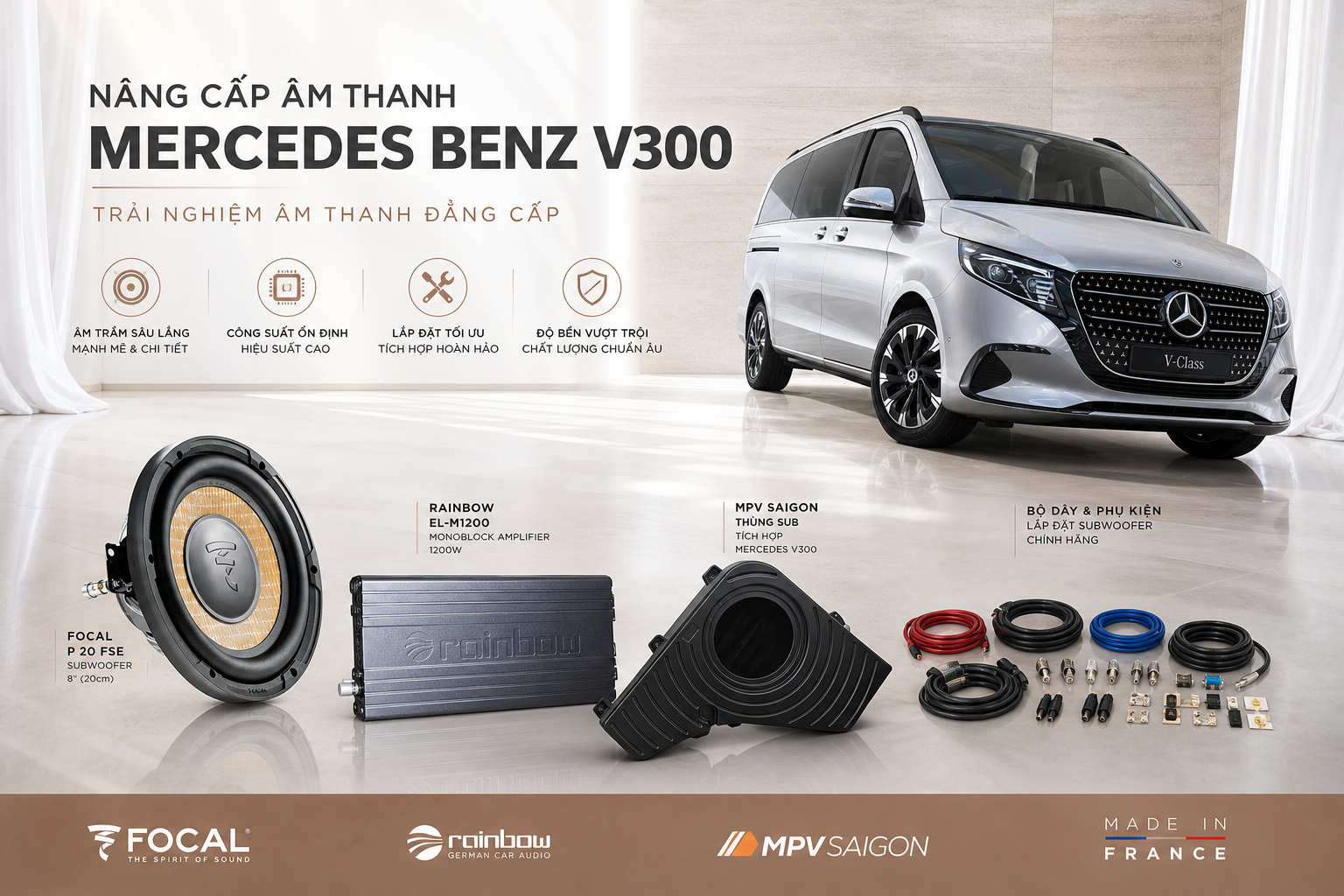 Giai phap nang cap sub hoi Mercedes Benz V250 V300 voi Focal va Rainbow tai MPVSAIGON