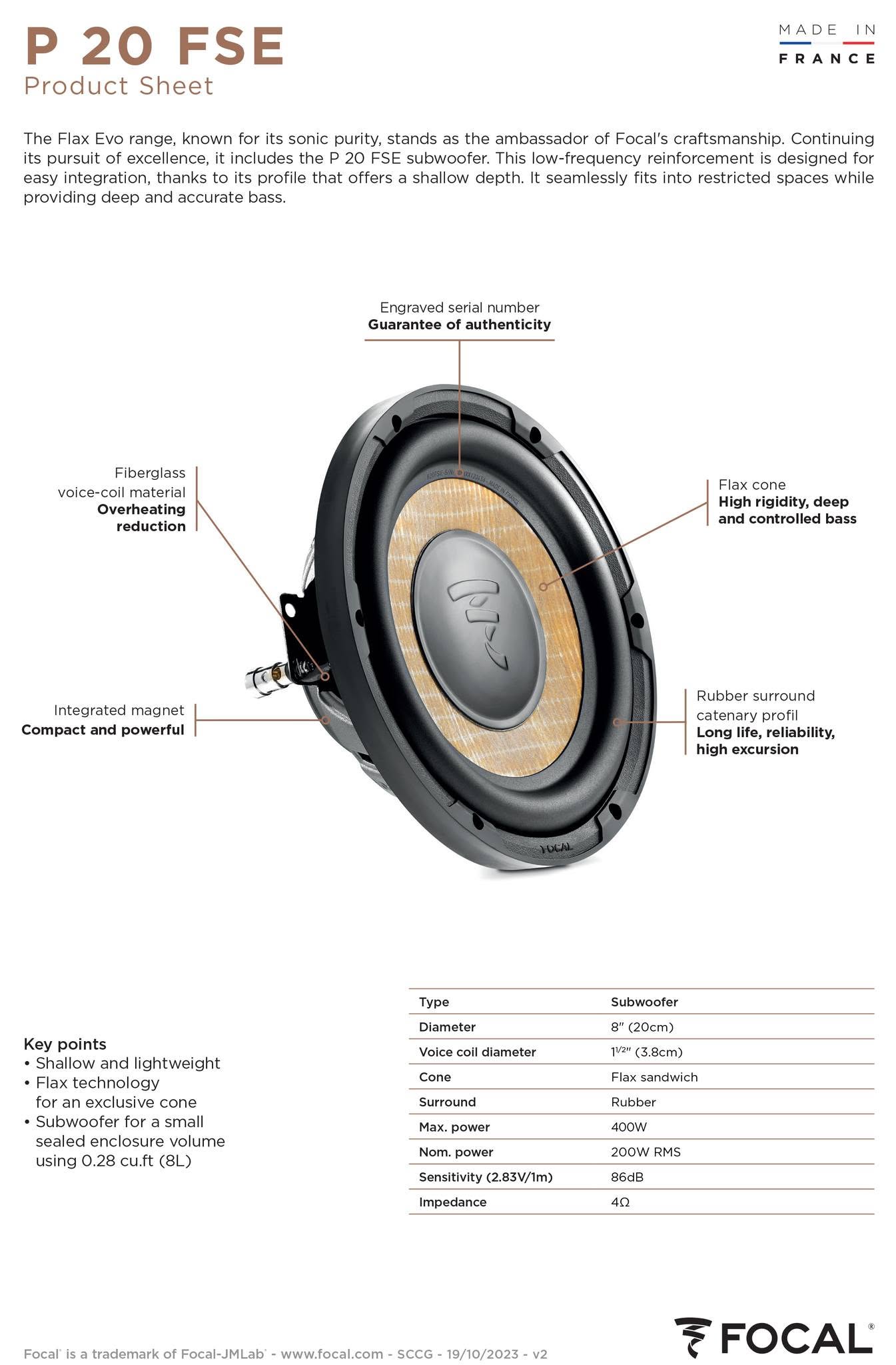 Product Sheet va thong so ky thuat cu loa sub Focal P 20 FSE Flax Cone Phap